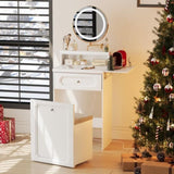 ZUN White Makeup Vanity Desk with Round Mirror and Lights, 2 in 1 Nightstand, Dressing Table with a W1706P236679