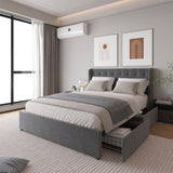 Queen Size Bed Frame with 4 Storage Drawers and Wingback Headboard, Button Tufted Design, Dark Grey W1303P227900