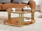 Modern Brown Glass Coffee Table, Asymmetrical Metal, Circular Metal Drum Base, Gold Finish & Lower N735P177478D