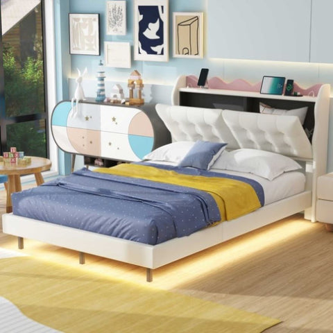 ZUN Full Size Upholstery Platform Bed Frame with LED Light Strips,Headboard Storage Space and Two USB 27163109