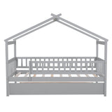 Twin Size Wooden House Bed with Twin Size Trundle, Gray 14298090