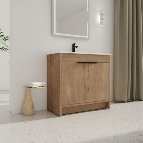 ZUN 36" Freestanding Bathroom Vanity with White Ceramic Sink & 2 Soft-Close Cabinet Doors 30404935