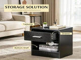 Black Wood Grain Modern Side Table with Drawer & Storage Shelf, Compact End Table for Living Room 33790403