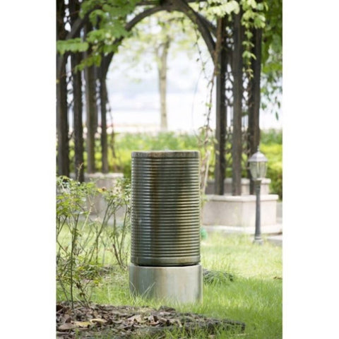 ZUN 44" Tall Large Modern Cylinder Ribbed Tower Water Fountain, Contemporary Antique Finish Outdoor Bird W2078P180674