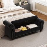 64.5" Bed Bench for Bed Room Nails Tufted Chaise of Lounge with Storage Velvet Upholstery Black W1097P202877