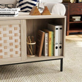 ZUN Elegant Veener Weaving Design Coffee Table with 4 Sliding Door, Wooden Center Rectangular Table with W2557P206923