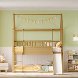 House Bunk Bed with Convertible Slide and Ladder, Floor Bunk Bed Twin Over Twin with Safety W1858P241096