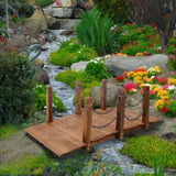 5 FT Wooden Garden Bridge, Stained Wood Arc Footbridge with Chain Railings for Backyard Creek Farm, W465P221155