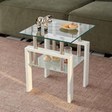 White Tempered Clear Glass End Table, 2-Layers Small Table with Storage, Living Room Side Table W1718P177829