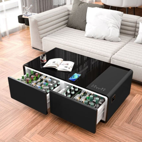 ZUN Modern Smart Coffee Table with Built-in Fridge, Bluetooth Speaker, Wireless Charging Module, Touch W1172126005