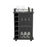 ZUN Dukat Bar Cart,Two Shelves, Six Built-in Wine Rack, Four Casters -Smokey Oak B20091849