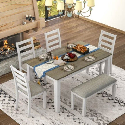 ZUN Rustic Style 6-Piece Dining Room Table Set with 4 Upholstered Chairs & a Bench 40118029