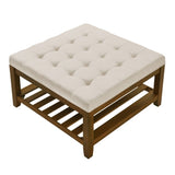 ZUN Upholstered Coffee Table Tufted Linen Large Square Ottoman with Beech Wood Shelf and Frame, W2353P183805