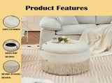 Round Storage Ottoman Bench, 23.23 Inch Upholstered Footstool with Tassel Fringe, 300 lbs W5501P548365