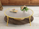 Modern Round Walnut 2-Tiered Coffee Table with Glass Top and Gold Base for Living Room, 29.9" N735P350390D
