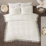 Tufted Cotton Chenille Medallion Fringe Coverlet Mini Set Off-White King/Cal King B03597524
