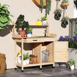 Natural Wood Outdoor Potting Bench with Storage Cabinet,Sink and Faucet ,Hooks 83627467