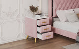 Upholstered Wooden Nightstand with 3 Drawers and Metal Legs&Handles, Bedside Table with Marbling N733P208520H