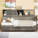 Twin Size Wooden Daybed with 3 Storage Drawers, Upper Soft Board, shelf, and a set of Sockets and N708P263524E
