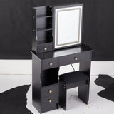 Small Size Left Drawer Desktop Vanity Table Cushioned Stool, Touch Control Sliding LED Mirror, W936P226035