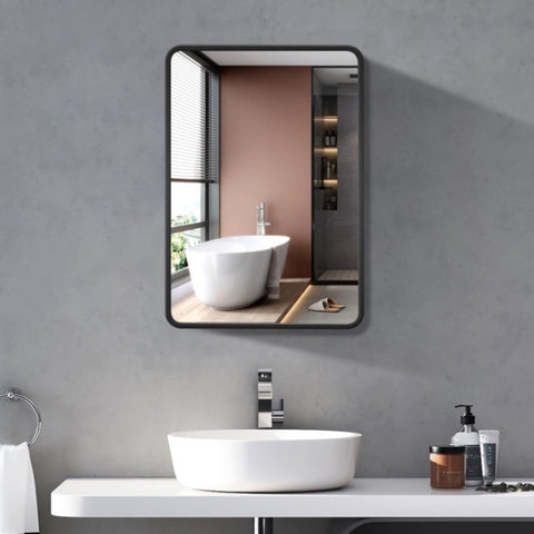 ZUN 24*30 inch Black Metal Framed Wall mount or Recessed Bathroom Medicine Cabinet with Mirror W1355P166876