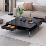 ZUN ON-TREND Exquisite High Gloss Coffee Table with 4 Golden Legs and 2 Small Drawers, 2-Tier Square WF315490AAB