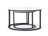 Set 2 Coffee Table Nesting White and gray top Black Frame Circular Round and Marble Pattern Wooden 68840643