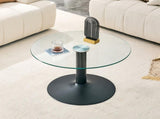 27.5-inch diameter round tempered glass coffee table. 17.7 inches high, supported by a black metal W1512P510326