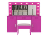 Vanity Desk Set with Large Lighted Mirror Powre Outlet, Glass Top Makeup Vanity with 3 Drawers 20197617
