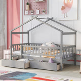 Twin Size Wooden House Bed with Two Drawers, Gray WF302181AAE