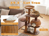 59.5" Rattan Woven Cat Tree with Cat Condo & Top Perch Multi-Level Cat Tower 56022291