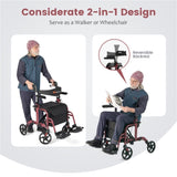 2-in-1 Rollator Walker & Wheelchair 6-Level Adjustable Handles, 1-Hand Folding, Storage 59905372
