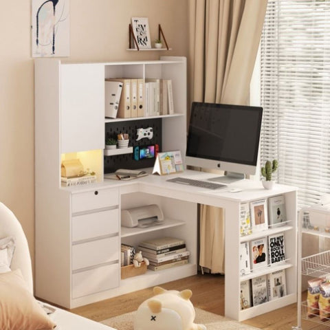 ZUN L Shaped Desk with Charger,Computer Desk with Drawers,Bookshelf & Hutchwith LED Light,Modern Corner 78139512