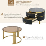 ZUN ON-TREND Φ27.5'' & Φ19.6'' Stackable Coffee Table with 2 Drawers, Nesting Tables with Brown Tempered WF320536AAB