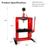 12-Ton Adjustable Benchtop Hydraulic Shop Press for Garage w/Stamping Plates & Pressure Gauge, W1239P178651