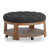 Wire-brushed Finish Natural Tone/Dark Gray 1pc Ottoman Transitional Style Deep Button Linen Like B011P184967