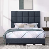 Queen Size Navy Blue Denim Squares Upholstered Platform Bed B108P160248