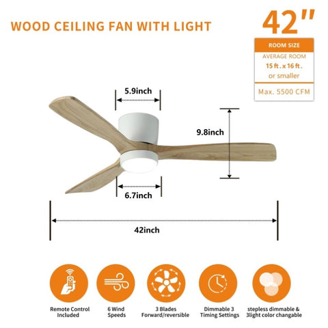 ZUN 42 inch White Wood Ceiling Fans Lights and Remote, Modern Flush Mount Low Profile Ceiling Fan W2352P154688