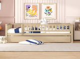 Twin Size Wood Daybed with Trundle and Fence Guardrails, Natural WF301862AAN