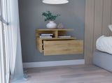 Floating Nightstand 12"H, Wall Mounted with Single Drawer and 2-Tier Shelf, Macadamia B097133175