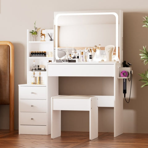 ZUN Vanity table with LED-lit mirror with power outlet and hairdryer shelving, with 4 drawers and W1668P197385