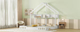 Wood Twin Size House Platform Beds,Two Shared Beds with Shelves and Guardrail, Creamy White WF310564AAA