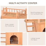 ZUN Natural Wood 2-Level Wooden Cat House with Lockable Wire Door 15770241