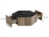 Hexagonal Rustic Retro Wood Coffee Table, with 2 Hidden Drawers, Textured Black Marble Tops, Light N770P309823L