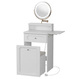 White Makeup Vanity Desk with Round Mirror and Lights, 2 in 1 Nightstand, Dressing Table with a W1706P236679