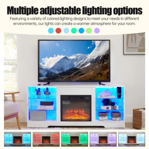 ZUN TV Stand Electric Fireplace TV Stand Glass Shelves, 3D Fireplace TV Stand LED Lights Wood 56937921