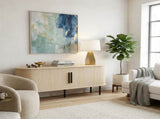 Oak Color Embossed Particle Board TV Stand, Oval Tabletop 1473558cm, Modern Entertainment Center 31438079