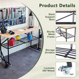 Foldable Hardwood Workbench Adjustable Wood-Top Utility Table with Locking Casters 11323041