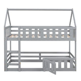 Twin over Twin House Bunk Bed with Fence and Door, Gray WF313047AAE