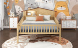 Full Size Wood Platform Bed with House-shaped Headboard, LED and Built-in Storage, Natural N709P184430M